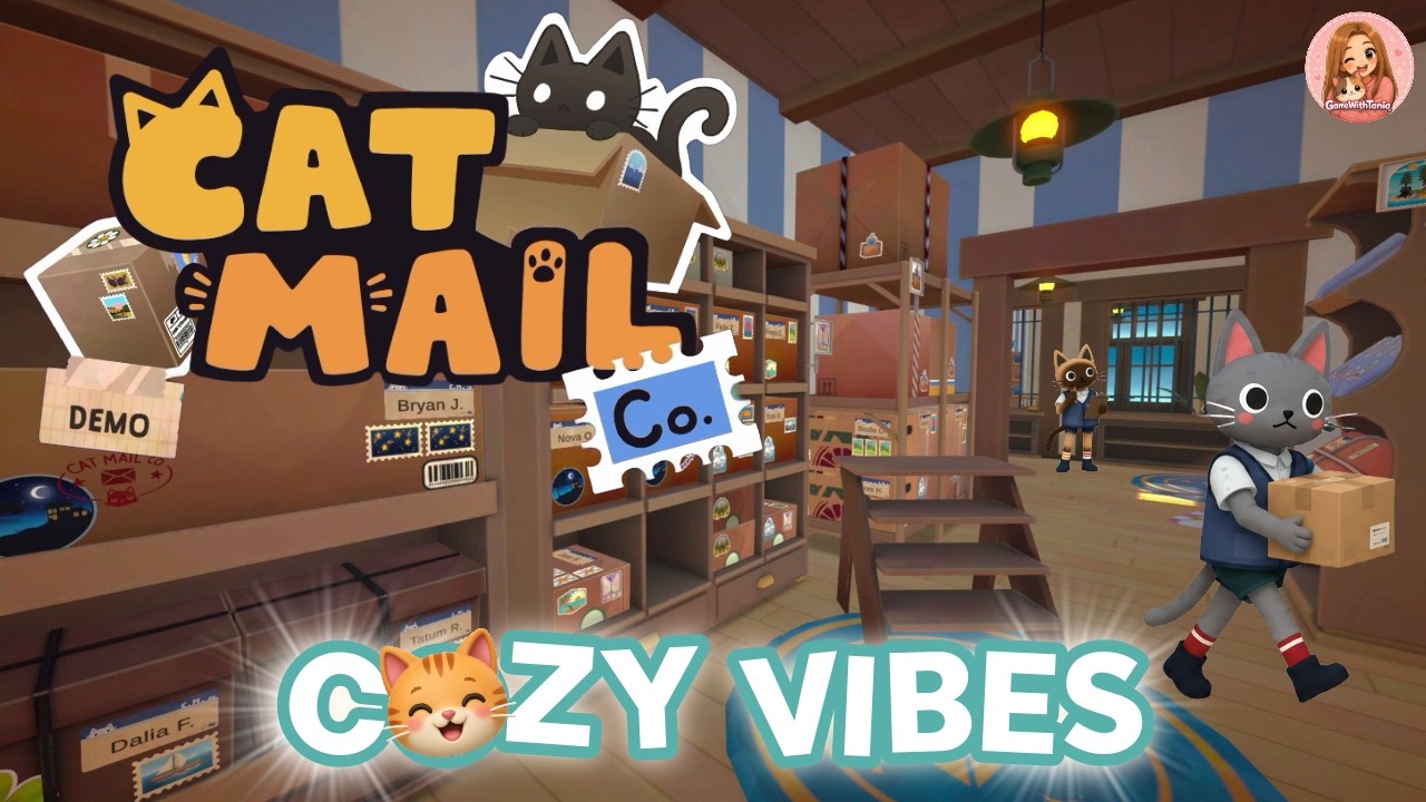 Cat Mail Co gameplay screenshot showing cozy post office parcel sorting